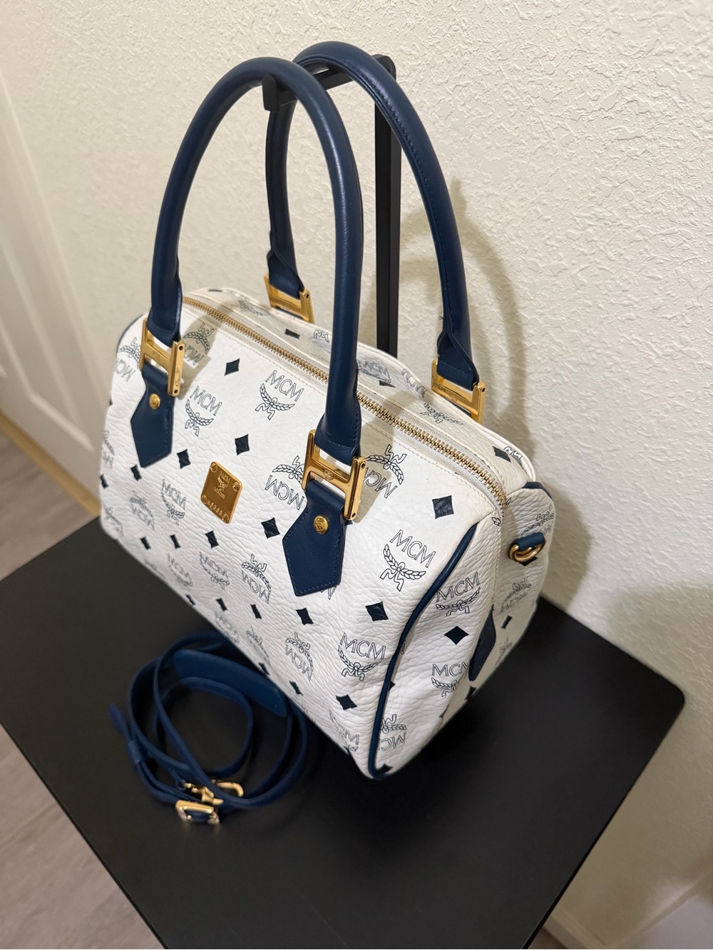 MCM White Logo Satchel with Blue Trim and Gold Hardware - Picture 3 of 6